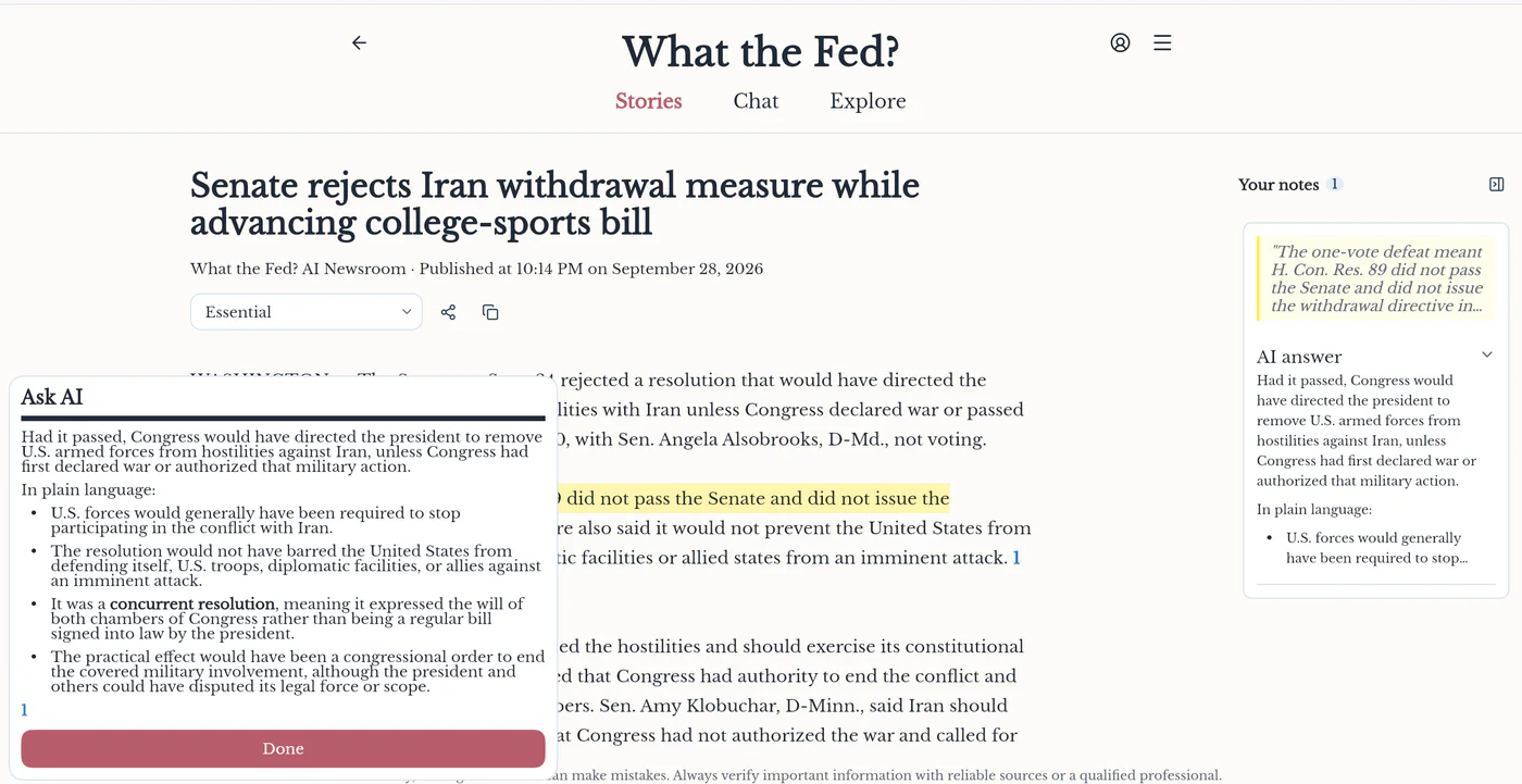 What the Fed AI answer explaining the selected congressional passage.