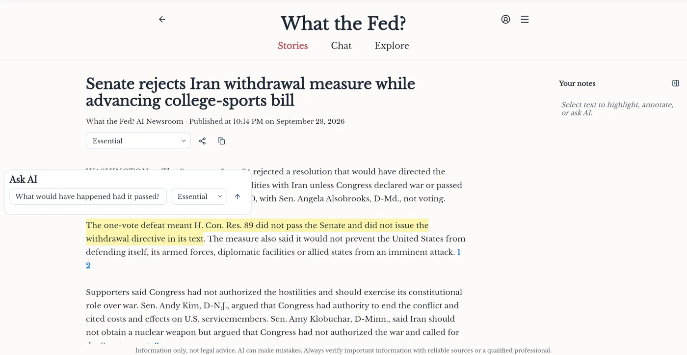 Highlighted article text with a What the Fed Ask AI question ready to send.