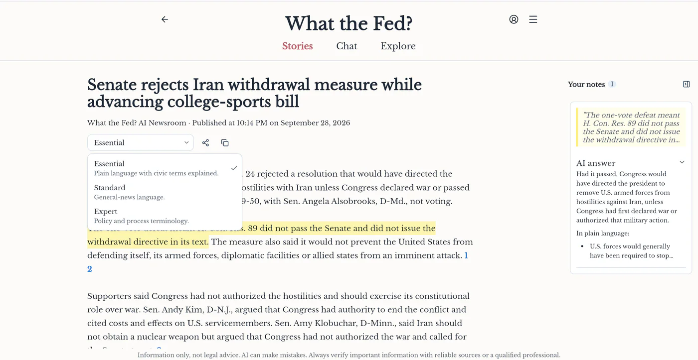 What the Fed menu showing Essential, Standard, and Expert reading levels.