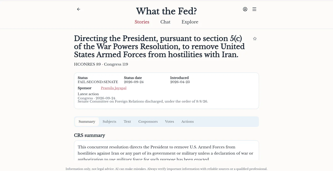 What the Fed page for a congressional resolution with official bill details.