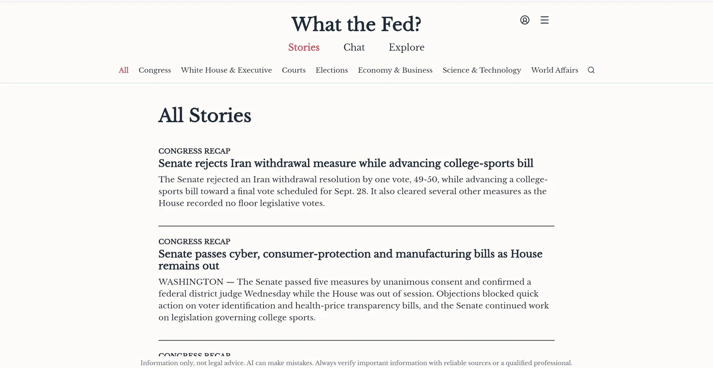 What the Fed Stories page showing recent federal government stories.
